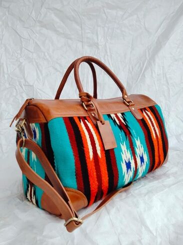 Handmade Kilim & Genuine Leather Duffle Bag | Large 22-inch Boho Weekender Travel Bag | Ethnic Handwoven Overnight Bag for Men & Women | Turquoise Southwest Pattern Gym & Cabin Luggage in Saudi Arabia