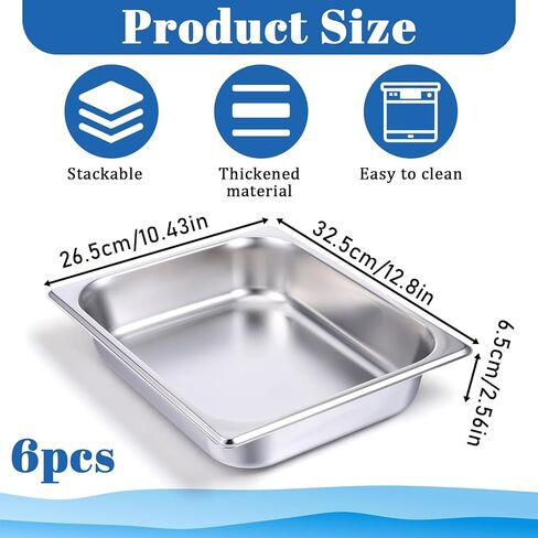 6 Pack Half Size Hotel Pans, 2.5 Inch Deep 1/2 Size Stainless Steel Steam Table Pans Half Pan Chafing Dishes for Buffet, Warmer Breading Trays Batter Pans for Hotel Party Catering Supplies in Kuwait