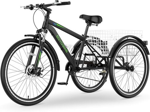 دراجة جبلية ثلاثية العجلات للبالغين من MOPHOTO، دراجة جبلية ذات 7 سرعات و3 عجلات للبالغين، دراجة كروزر 24/26/27.5 بوصة مع فرامل قرصية أمامية، شوكة تعليق أمامية، سلة شحن خلفية، سعة 350 رطل، للرجال والنساء in Kuwait