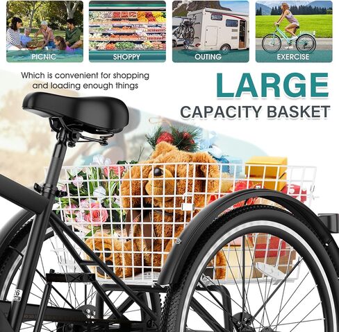 دراجة جبلية ثلاثية العجلات للبالغين من MOPHOTO، دراجة جبلية ذات 7 سرعات و3 عجلات للبالغين، دراجة كروزر 24/26/27.5 بوصة مع فرامل قرصية أمامية، شوكة تعليق أمامية، سلة شحن خلفية، سعة 350 رطل، للرجال والنساء in Kuwait