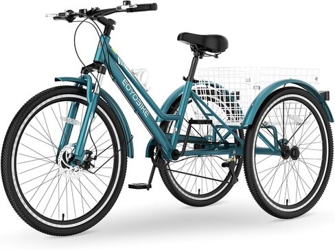 دراجة جبلية ثلاثية العجلات للبالغين من MOPHOTO، دراجة جبلية ذات 7 سرعات و3 عجلات للبالغين، دراجة كروزر 24/26/27.5 بوصة مع فرامل قرصية أمامية، شوكة تعليق أمامية، سلة شحن خلفية، سعة 350 رطل، للرجال والنساء in Kuwait