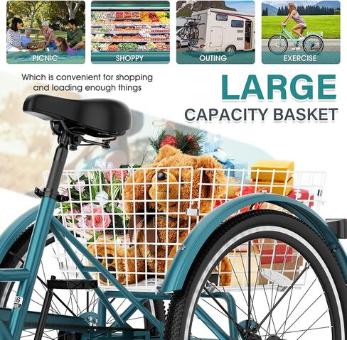 دراجة جبلية ثلاثية العجلات للبالغين من MOPHOTO، دراجة جبلية ذات 7 سرعات و3 عجلات للبالغين، دراجة كروزر 24/26/27.5 بوصة مع فرامل قرصية أمامية، شوكة تعليق أمامية، سلة شحن خلفية، سعة 350 رطل، للرجال والنساء in Kuwait