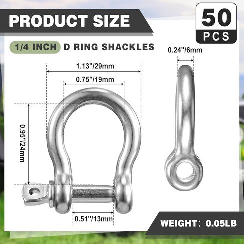 50 Pack 1/4 Inch 304 Stainless Steel D Ring Shackles M6 Screw Bow Shackle Clevis Heavy Duty with Screw Pin for Chain Anchor Outdoor Towing Trailer Industrial Off Road Vehicle Recovery in Kuwait