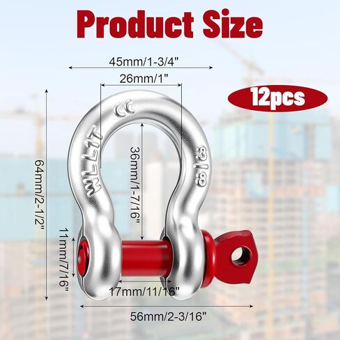 12pcs Heavy Duty Anchor Shackle, 3/8" D Ring Shackles for Rigging, 1 Ton Bow Shackles with Screw Pin, Carbon Steel Clevis Shackle for Towing, Marine, and Industrial Use in Saudi Arabia