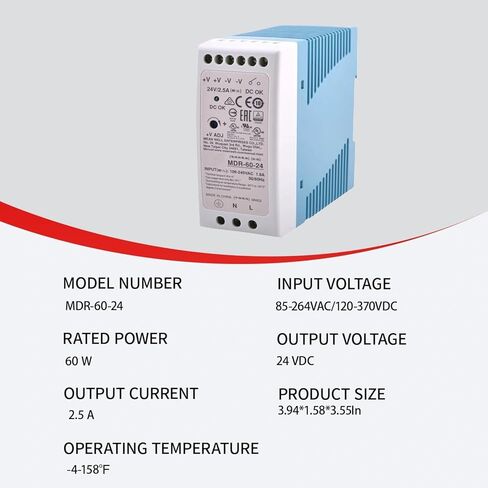 MDR-60-24 DIN Rail Mount Power Supply 60W 24V 2.5A with Class I Div 2 Hazardous Location Certification, for Industrial Automation, Process Control, and Building Management Systems in Saudi Arabia