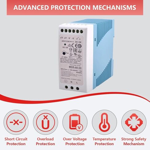 MDR-60-24 DIN Rail Mount Power Supply 60W 24V 2.5A with Class I Div 2 Hazardous Location Certification, for Industrial Automation, Process Control, and Building Management Systems in Saudi Arabia