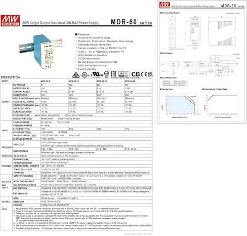 MDR-60-24 DIN Rail Mount Power Supply 60W 24V 2.5A with Class I Div 2 Hazardous Location Certification, for Industrial Automation, Process Control, and Building Management Systems in Saudi Arabia