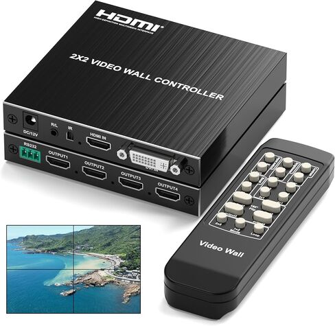 2x2 HDMI Video Wall Controller, Ultra HD 4K DVI TV Wall Processor, 1 in 4 Out, 180° Rotating, Edge Blending, RS232 & IR Remote Control for Projector Computer Monitor Gaming in Kuwait
