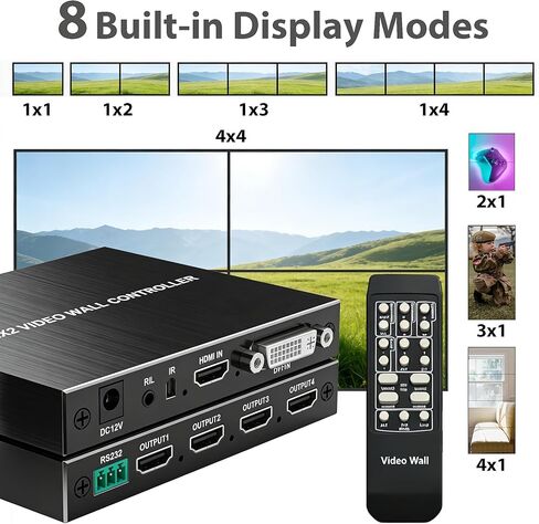 2x2 HDMI Video Wall Controller, Ultra HD 4K DVI TV Wall Processor, 1 in 4 Out, 180° Rotating, Edge Blending, RS232 & IR Remote Control for Projector Computer Monitor Gaming in Kuwait