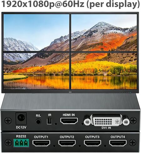 2x2 HDMI Video Wall Controller, Ultra HD 4K DVI TV Wall Processor, 1 in 4 Out, 180° Rotating, Edge Blending, RS232 & IR Remote Control for Projector Computer Monitor Gaming in Kuwait