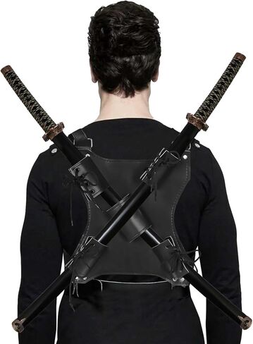 BigKing Ninja Sword Back Holster, Sword Bag Sword Back Sheath Adjustable Leather Double Sword Holder Back Durable Strap Sword Carrying Bag Case for Cosplay Anime Costume in Saudi Arabia