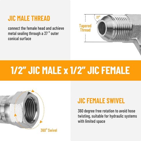 5 عبوات كوع 90 درجة JIC 37 درجة تركيبات هيدروليكية: 1/2 بوصة JIC ذكر × 1/2 بوصة JIC أنثى، مع غطاء حماية تركيبات تجعيد دوارة للخرطوم الهيدروليكي in Saudi Arabia