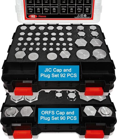 182 PCS JIC and ORFS Master Industrial Hydraulic Cap and Plug Hose Tube and Pipe Fitting Kit Cap and Plug Kit with 45 PCS O-Ring Seals, Black Double Sided Organizer in Saudi Arabia