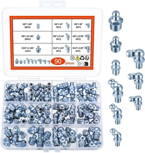 90Pcs Metric Grease Fittings Kit,Straight and Angled Grease Zerk Kit, M6 M8 M10 180 45 90 Degree Hydraulic Grease Zerk Assortment for Angled Grease Guns Mechanical Component Lubrication in Kuwait