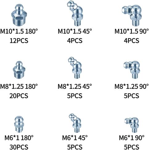 90Pcs Metric Grease Fittings Kit,Straight and Angled Grease Zerk Kit, M6 M8 M10 180 45 90 Degree Hydraulic Grease Zerk Assortment for Angled Grease Guns Mechanical Component Lubrication in Kuwait