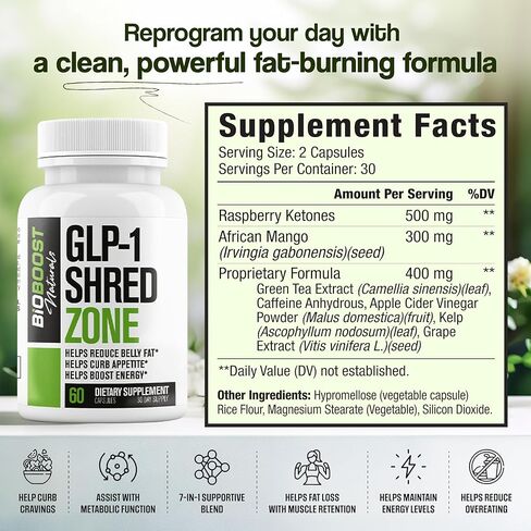 GLP-1 Shred Zone - حبوب إنقاص الوزن للنساء والرجال + دعم مثبط الشهية - يدعم المسارات الصحية المرتبطة بنشاط GLP-1 - مكمل حارق الدهون - 60 كبسولة in Kuwait