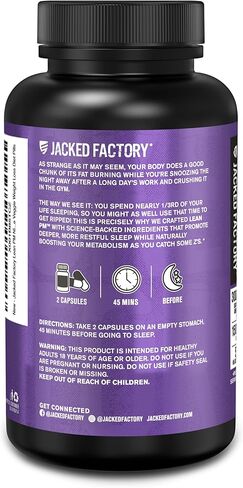Jacked Factory Lean PM Night Time Burner، مكمل مساعد على النوم، ومثبط الشهية للرجال والنساء - 60 حبة نباتية خالية من المنشطات لفقدان الوزن in Kuwait