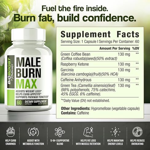 Male Burn MAX - حارق الدهون للرجال - حبوب إنقاص الوزن، دعم GLP-1، مثبط الشهية - 5 مكونات قوية للمساعدة في حرق الدهون مع الحفاظ على العضلات - تم اختبارها من قبل طرف ثالث - 60 كبسولة in Kuwait