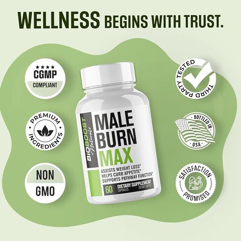 Male Burn MAX - حارق الدهون للرجال - حبوب إنقاص الوزن، دعم GLP-1، مثبط الشهية - 5 مكونات قوية للمساعدة في حرق الدهون مع الحفاظ على العضلات - تم اختبارها من قبل طرف ثالث - 60 كبسولة in Kuwait