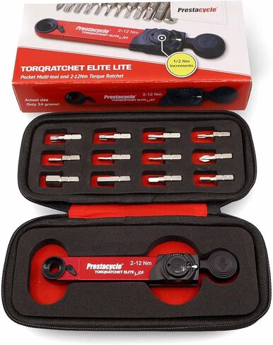 مفتاح عزم الدوران المحمول Prestacycle TorqRatchet ELITE Lite متعدد الأدوات - عزم دوران شعاع 2–12 نانومتر، سقاطة قابلة للعكس، لقم سداسية 1/4 بوصة، أداة دراجة خفيفة الوزن مع حقيبة حمل in Kuwait