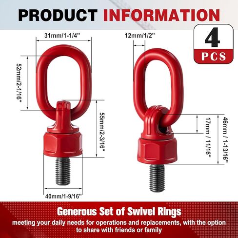 4 Pack M16 x 31.8 G80 Swivel Eye Bolt 360° Rotation Hoist Ring, 1.5 Ton-2.5 Ton Capacity, 1080mpa Tensile Strength Lifting Ring for Crane Machinery Parts, Red in Kuwait