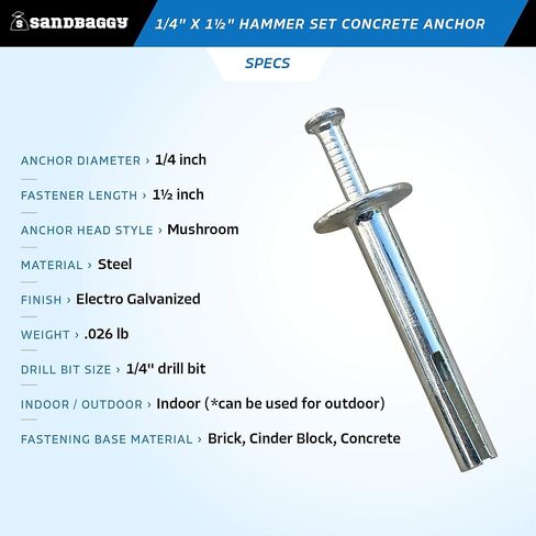 Sandbaggy 1/4" x 1-1/2" Hammer Set Concrete Anchor - Metal Hammer Drive Pin Anchors - Rust Resistant Galvanized Finish (3000, 1/4" x 1-1/2") in Saudi Arabia