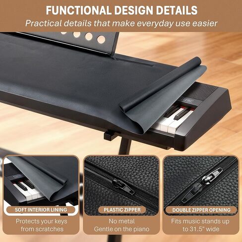 Piano Keyboard Dust Cover – Black Waterproof Faux Leather Top with Soft Felt Lining, 67" x 16" Extra Wide – Digital Electric Keyboard, Double Zipper for Music Stand, Fits 61–88 Keys in Kuwait