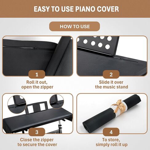Piano Keyboard Dust Cover – Black Waterproof Faux Leather Top with Soft Felt Lining, 67" x 16" Extra Wide – Digital Electric Keyboard, Double Zipper for Music Stand, Fits 61–88 Keys in Kuwait