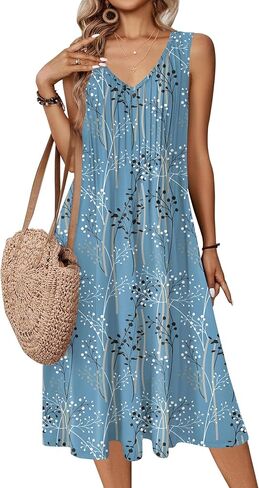 ZEAGOO Women Summer Casual Dress 2026 Sleeveless Midi Swing Tank Sundress with Pockets V Neck A Line Pleated Tshirt Dress in Kuwait