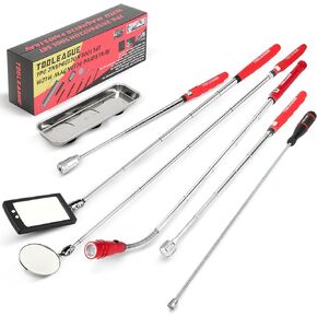 TOOLEAGUE 7Pcs Telescoping Magnetic Pickup Tool Set, Extendable LED Flashlight,Round & Square 360° Inspection Mirror for Men Mechanics, and Handymen, Red in Kuwait
