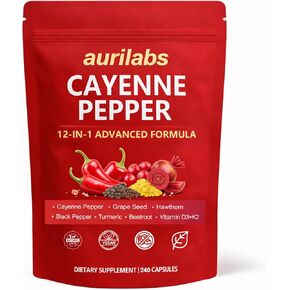 كبسولات هلامية من Aurilabs Cayenne Pepper - مركب فيتامين D3+K2، تركيبة دعم الدورة الدموية مع الكابسيسين والنباتات، كبسولات هلامية نباتية غير معدلة وراثيًا للعافية اليومية (1) in Saudi Arabia
