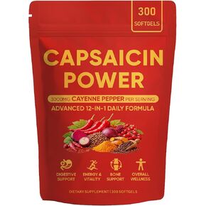 Capsaicin Power - Cayenne Pepper Softgels, Capsaicin Supplements with Vitamin E, D3 & K2, Grape Seed, Beetroot & Turmeric Extract, 300 Soft gels in Kuwait