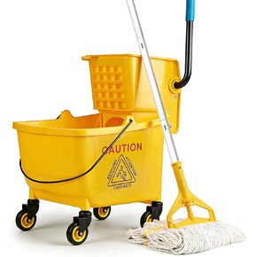 33 Qt Commercial Mop Bucket, with Side-Press Wringer on Wheels. Includes an Industrial Mop. Yellow Industrial Mop Bucket, Suitable for Home, Commercial, Restaurant Cleaning in Saudi Arabia