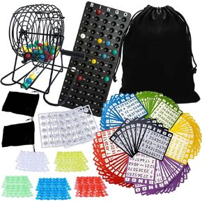 Deluxe Bingo Game for Adults Large Group, Includes 8" Bingo Cage with Big Storage Bag, 1000 Colorful Chips,118 Bingo Cards,75 Colored Balls,75 White Balls for Replacement, Master Board and 2 small Bag in Kuwait