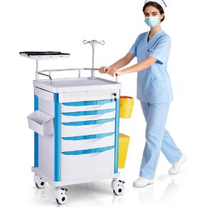 Medical Carts with Wheels, 5-Tier Drawers, Adjustable IV Pole, Silent Casters, Trash Bins, O2 Holder, Needle Disposal Holder & CPR Board, Rolling Crash Carts for Hospital Clinic in Saudi Arabia