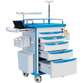 Medical Rolling Storage Crash Cart with Wheels, 5-Tier Medical Cart with Drawers, Adjustable IV Pole, Trash Bin & O2 Holder, Needle Disposal Holder, Silent Casters, Ideal for Hospitals (Blue) in Saudi Arabia