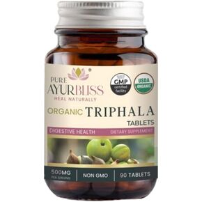 أقراص التريفالا، التريفالا العضوية لصحة الجهاز الهضمي، والتخلص من سموم الأمعاء ودعم صحة الأمعاء، مزيج الأيورفيدا مع أملا، هاريتاكي وبيبهيتاكي للحيوية، 500 مجم، عضوي 100% - 90 قطعة in Kuwait