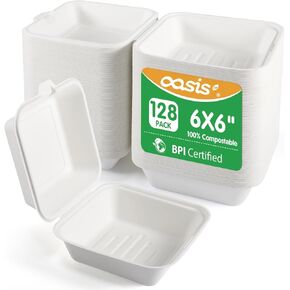 𝟲𝘅𝟲", 𝟭𝟮𝟴-𝗣𝗮𝗰𝗸 Compostable Clamshell Take Out Food Containers, Biodegradable Bagasse Paper To-Go Boxes for Burgers, Sandwiches, Eco-Friendly, Microwave & Freezer Safe (White, Small) in Kuwait