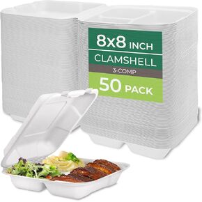 Freshware Clamshell Food Containers with Lids [8x8"] 3-Compartment 50-Pack, Disposable To Go Containers, Biodegradable Sugarcane To Go Boxes - Paper Containers - Microwave & Freezer Safe, Stackable in Kuwait