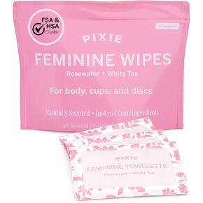 مناديل بيكسي الأنثوية - ماء الورد المعطر بشكل طبيعي + الشاي الأبيض - قابلة للتنظيف والتحلل الحيوي ومتوازنة الأس الهيدروجيني - مناديل مغلفة بشكل فردي أثناء التنقل - منظف لأكواب وأقراص الدورة الشهرية (عبوتان من 20) in Kuwait
