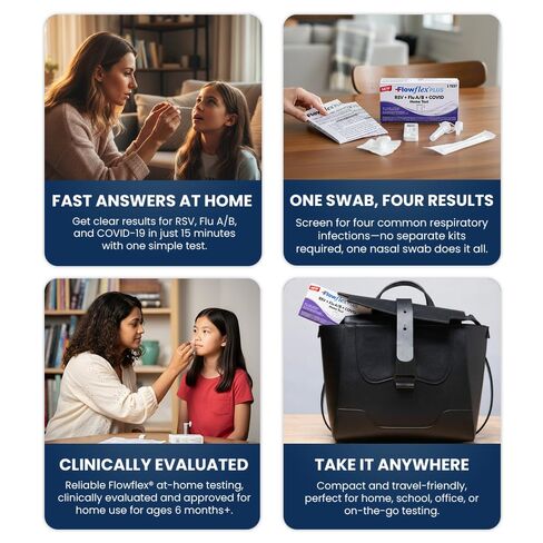 Flowflex Plus RSV + Flu A/B + COVID Home Test, 4-in-1 Home Test Kit, Rapid Results in 15 Minutes, OTC At-Home Antigen Test for Adults & Children (1 Test) in Kuwait