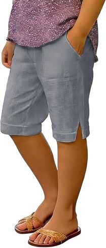 Knee Length Casual Shorts for Girls Side Slit Elastic Waist Cotton Linen Shorts with Pockets Comfy Beach Boho Shorts 4-14Y in Saudi Arabia