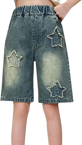 Girls Knees Length Jeans Shorts Baggy Mid High Waist Retro Bermuda Jorts Star Streetwear Wide Leg Y2K Denim Jean Short in Saudi Arabia