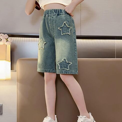 Girls Knees Length Jeans Shorts Baggy Mid High Waist Retro Bermuda Jorts Star Streetwear Wide Leg Y2K Denim Jean Short in Saudi Arabia