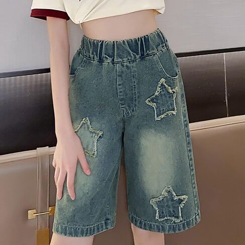 Girls Knees Length Jeans Shorts Baggy Mid High Waist Retro Bermuda Jorts Star Streetwear Wide Leg Y2K Denim Jean Short in Saudi Arabia