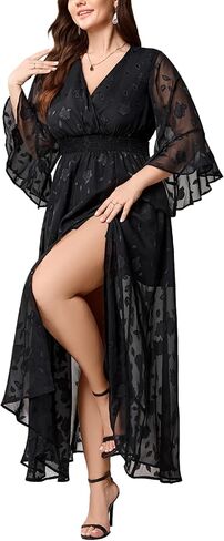 Women's V Neck Floral Dress Bell Half Sleeve Smocked Waist Side Split Flowy A Line Maxi Wedding Guest Dresses in Kuwait