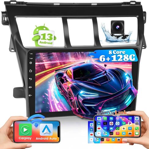 [4+64g] Hikity Android 15 Car Stereo لـ Toyota Vios Yaris 2007-2012 مع Carplay Android Auto ، 9 '' IPS Touch Screen Radio Bluetooth Link GPS WiFi SWC AI DSP/FM/RDS/32EQ CAM+MIC in Kuwait