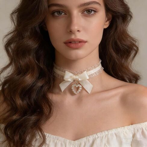 Vintage White Lace Choker Necklace Pearl Heart Pendant Necklace Gothic Lace Bow Collar Necklace Lolita Bowknot Lace Necklace Jewelry for Women in Kuwait
