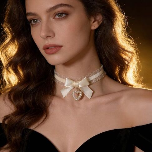 Vintage White Lace Choker Necklace Pearl Heart Pendant Necklace Gothic Lace Bow Collar Necklace Lolita Bowknot Lace Necklace Jewelry for Women in Kuwait