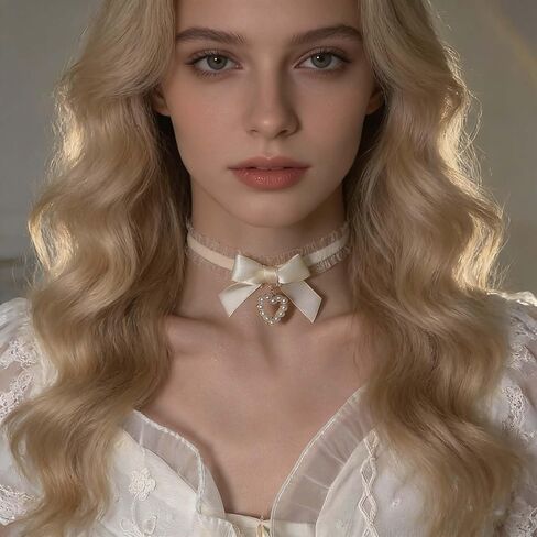 Vintage White Lace Choker Necklace Pearl Heart Pendant Necklace Gothic Lace Bow Collar Necklace Lolita Bowknot Lace Necklace Jewelry for Women in Kuwait
